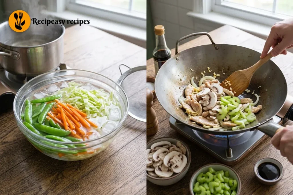 Chicken stir-fried with garlic, onion, cabbage, carrots, snap peas, celery, and mushrooms for Pancit Canton