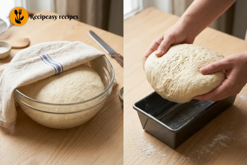 cottage cheese dough rising and shaped into loaf pan