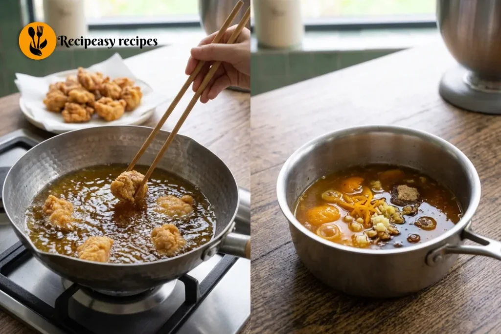Crispy orange chicken being fried twice while homemade orange sauce simmers with fresh orange juice, garlic, and ginger