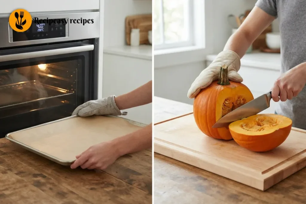 Sugar pumpkin carefully cut in half with a sharp knife on a cutting board for homemade pumpkin puree