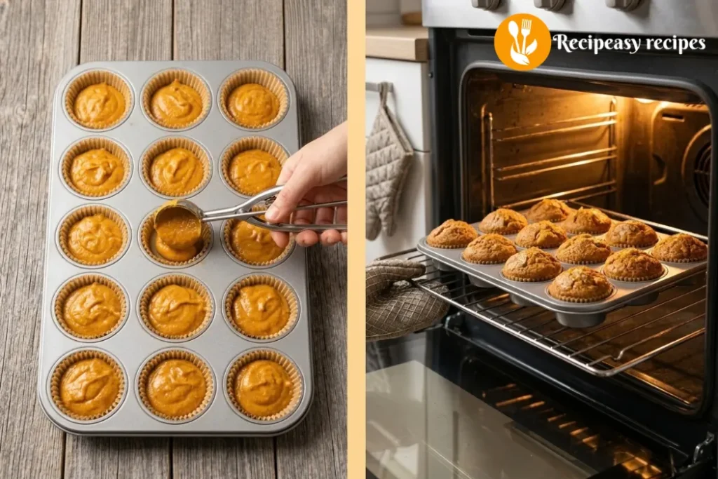 filling muffin cups and baking pumpkin muffins