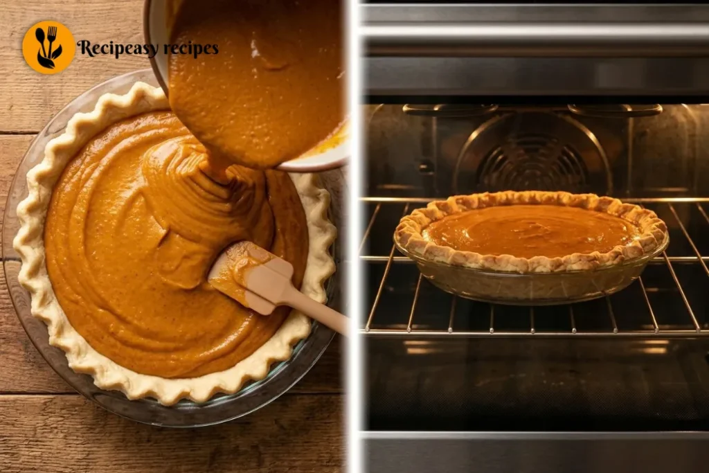 filling pie crust and baking pumpkin pie