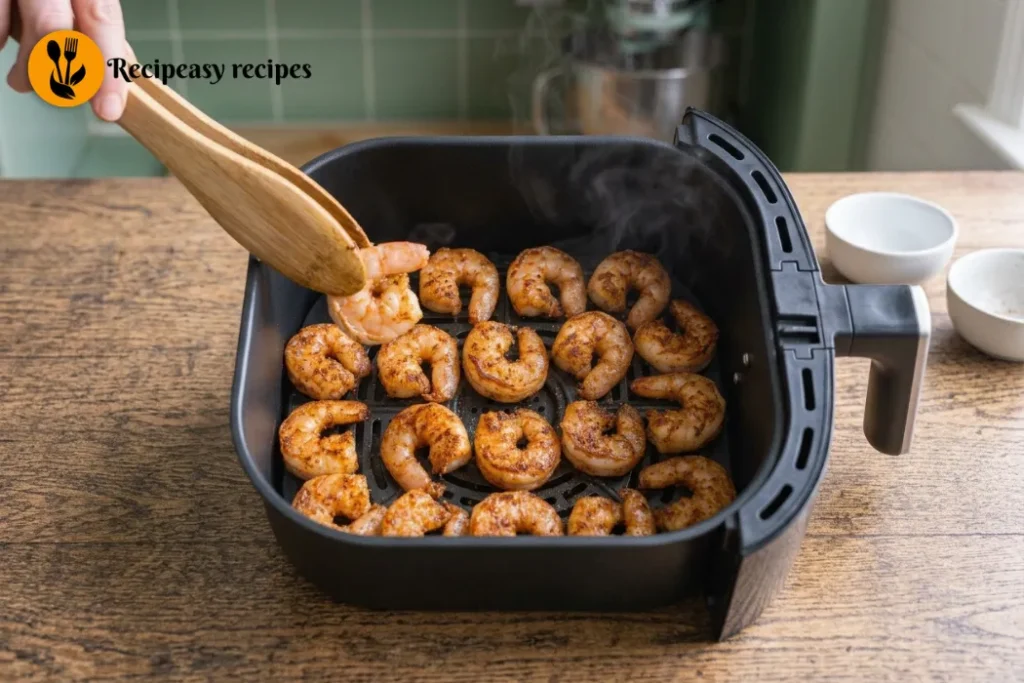 Shrimp being flipped halfway through cooking in an air fryer to brown evenly and become lightly crispy