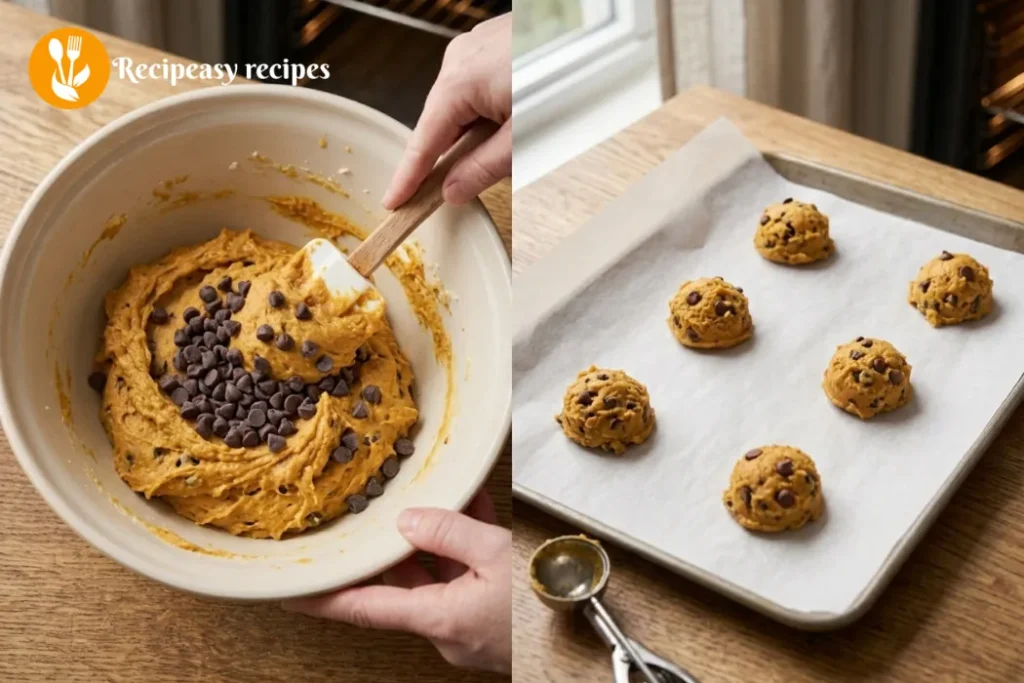 folding in chocolate chips and scooping pumpkin cookie dough