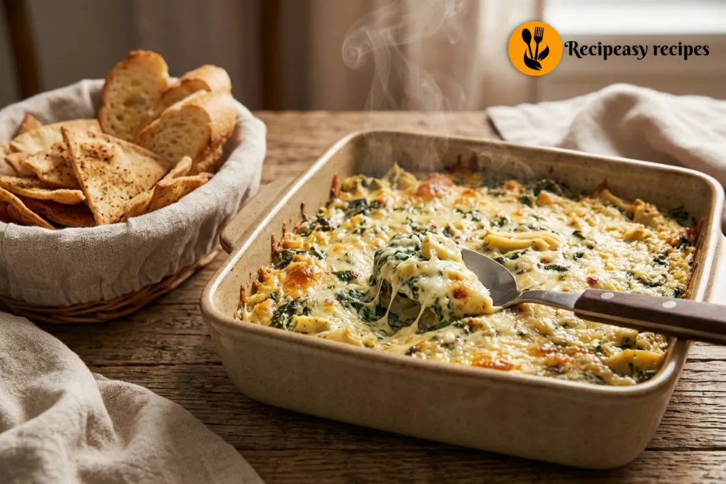 freshly baked spinach artichoke dip served warm