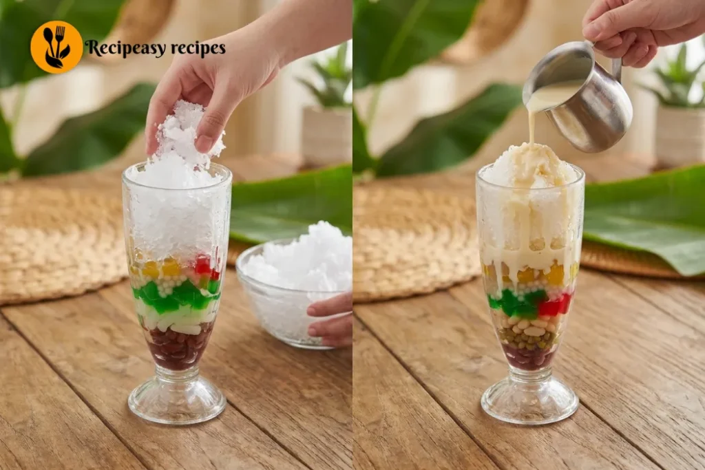 Shaved ice piled over layered halo-halo toppings with evaporated milk slowly poured over the Filipino dessert.