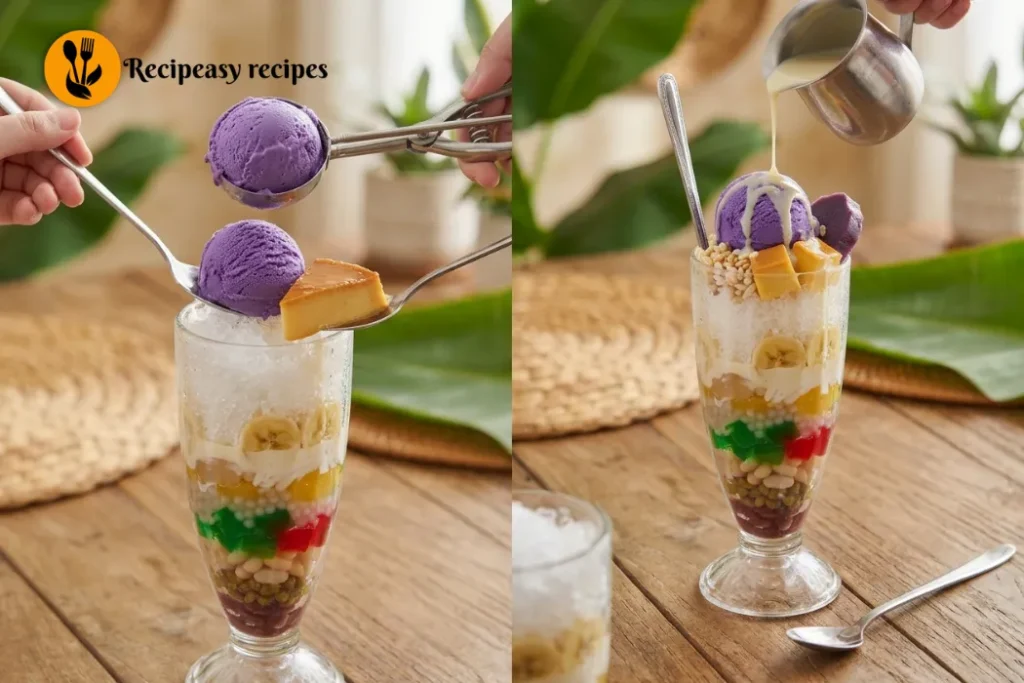 Halo-halo topped with ube halaya, leche flan, and ice cream, finished with a drizzle of condensed milk and served with a long spoon.