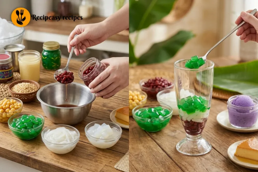 How to make halo-halo by layering sweet beans, jellies, fruits, and Filipino dessert toppings in a tall glass.