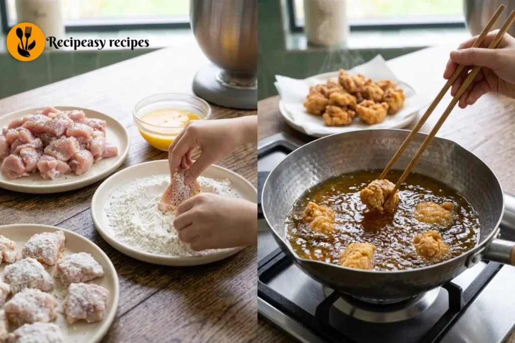Chicken pieces coated in cornstarch and flour and fried until golden for homemade orange chicken