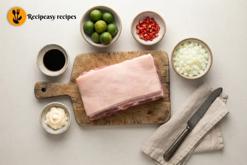 ingredients for sisig recipe including pork belly and calamansi