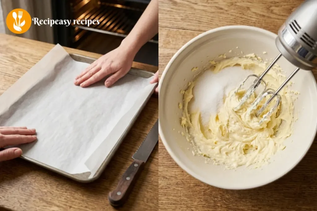 lining baking sheet and creaming butter and sugar
