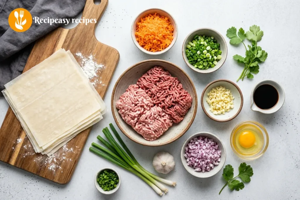 ingredients for lumpia shanghai filling including ground pork and wrappers