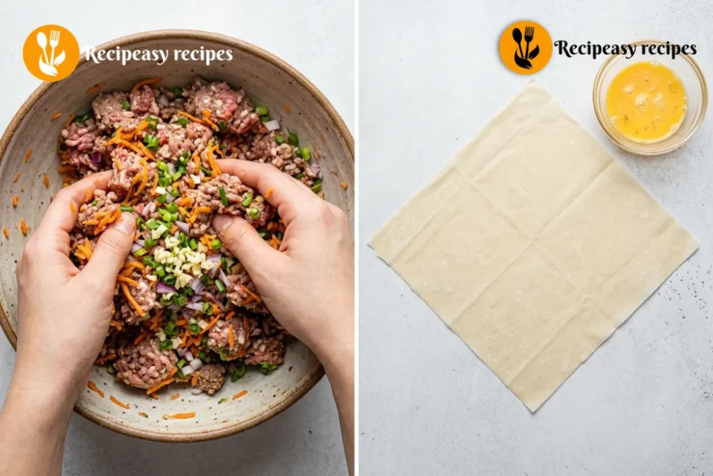 mixing lumpia filling and preparing spring roll wrapper