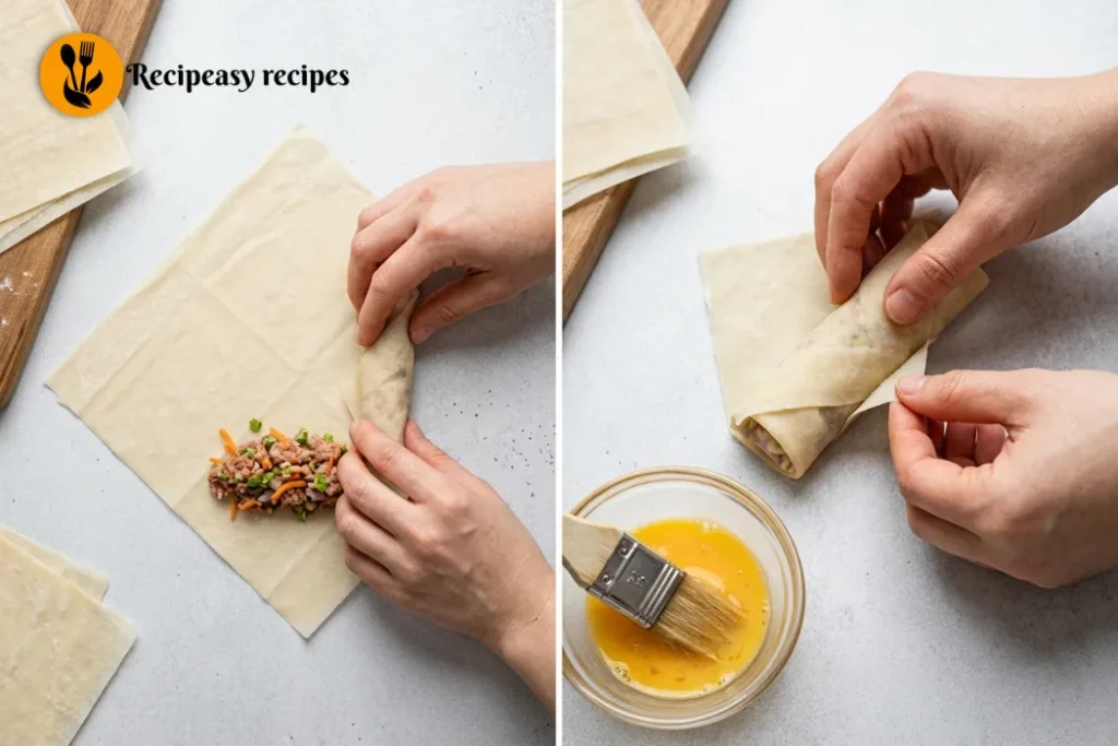 adding filling and rolling lumpia shanghai spring rolls
