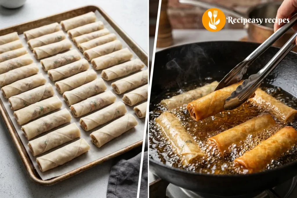 uncooked lumpia rolls and frying lumpia shanghai in hot oil