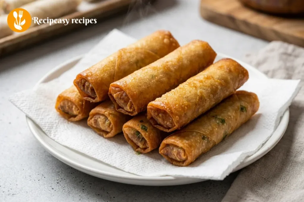 fried lumpia shanghai draining on paper towel