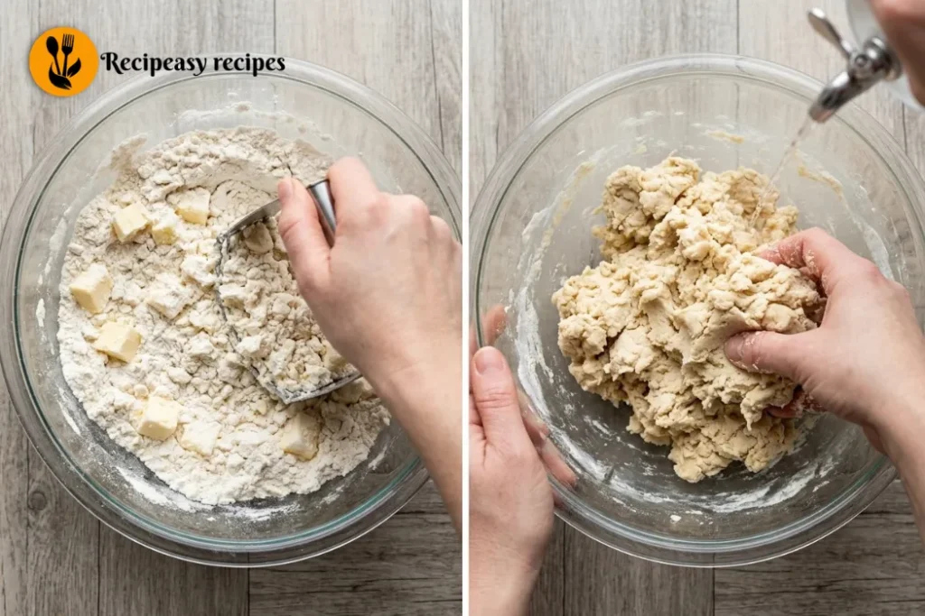 making pie crust and adding ice water to dough