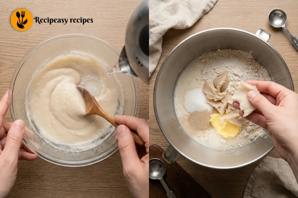 making yudane paste and mixing shokupan dough