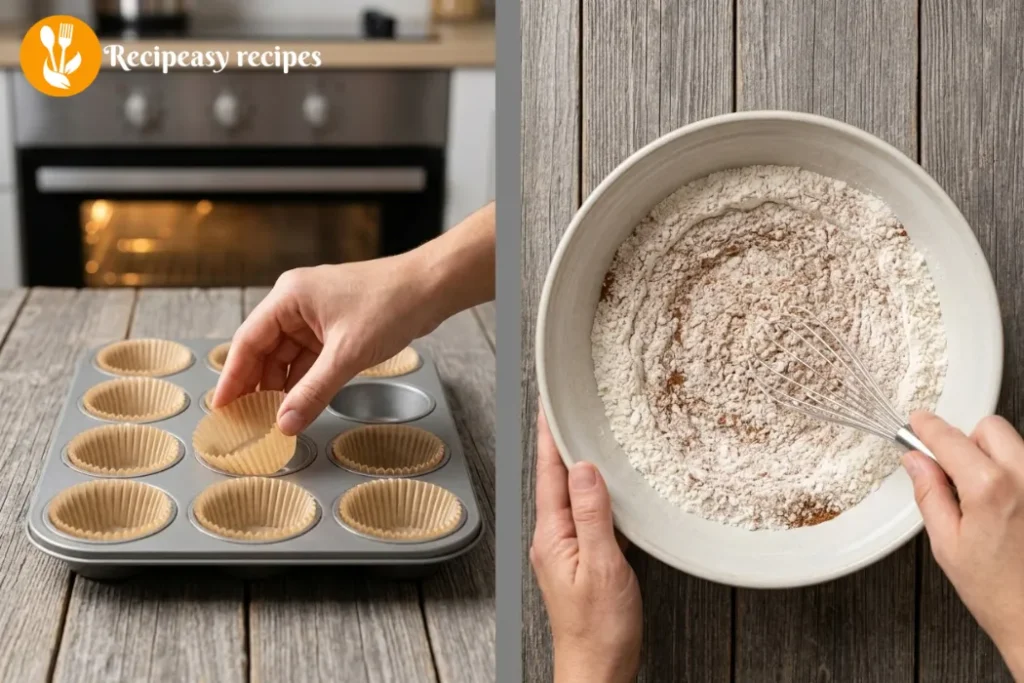 prepping muffin tin and mixing dry ingredients