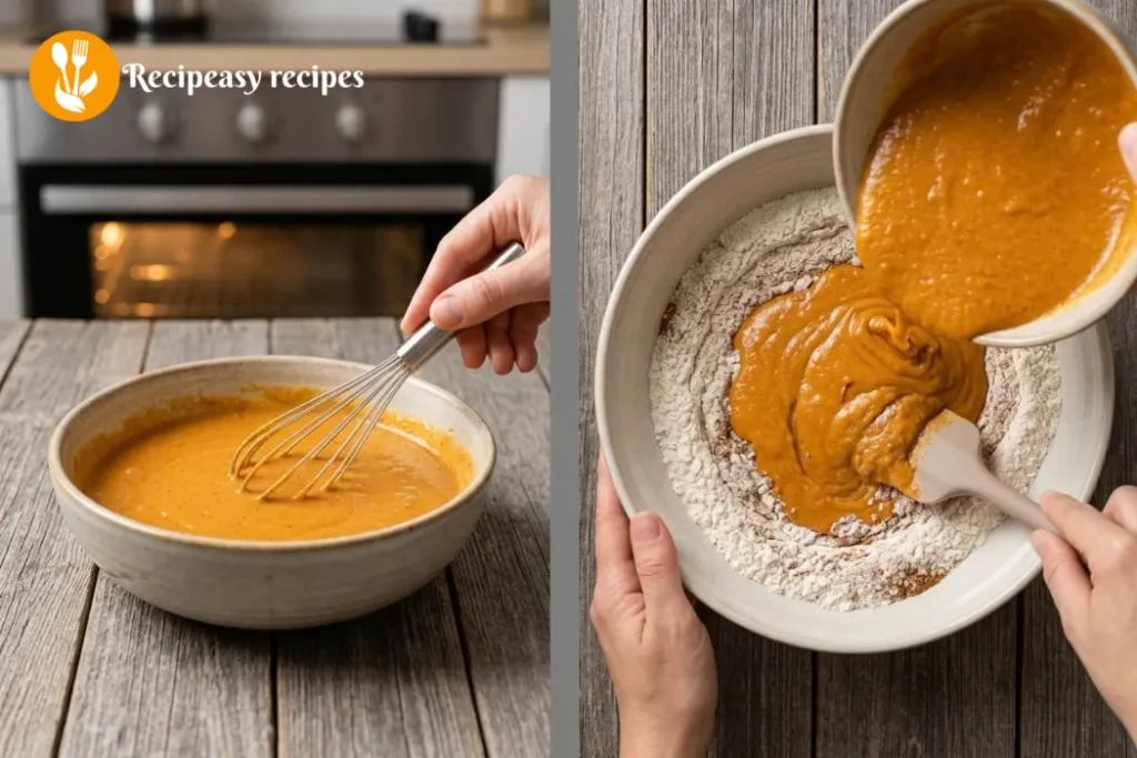 mixing wet ingredients and combining pumpkin muffin batter