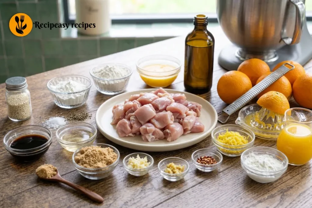Ingredients for homemade orange chicken with fresh orange juice, chicken, garlic, ginger, soy sauce, and sesame seeds
