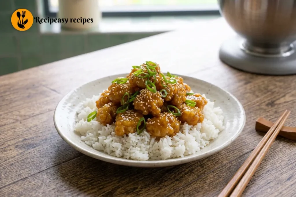 Homemade orange chicken served over steamed rice with scallions and sesame seeds