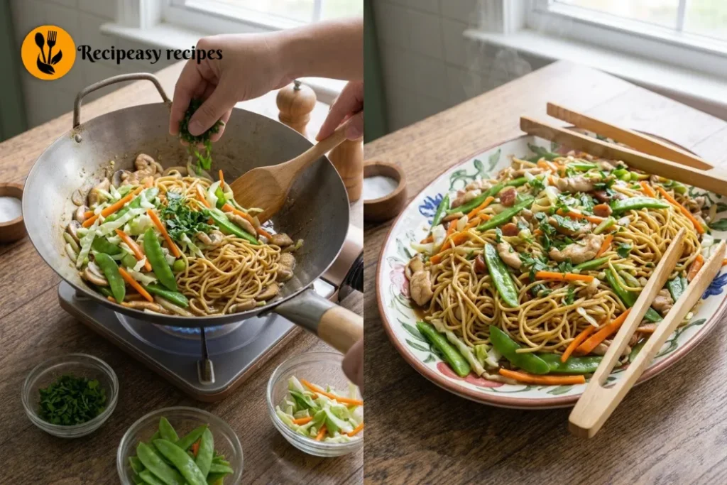 Pancit Canton noodles tossed with blanched cabbage, carrots, and snap peas, garnished with fresh parsley