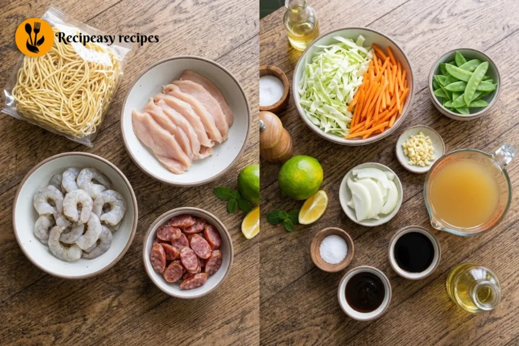 Ingredients for Pancit Canton with chicken, shrimp, vegetables, canton noodles, soy sauce, and oyster sauce