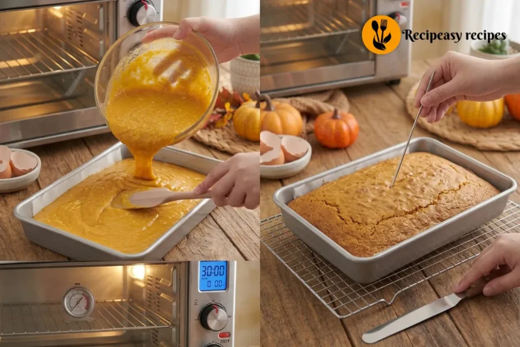 Pumpkin cake batter smoothed into a prepared baking pan before baking, followed by the finished cake cooling completely before adding cream cheese frosting.