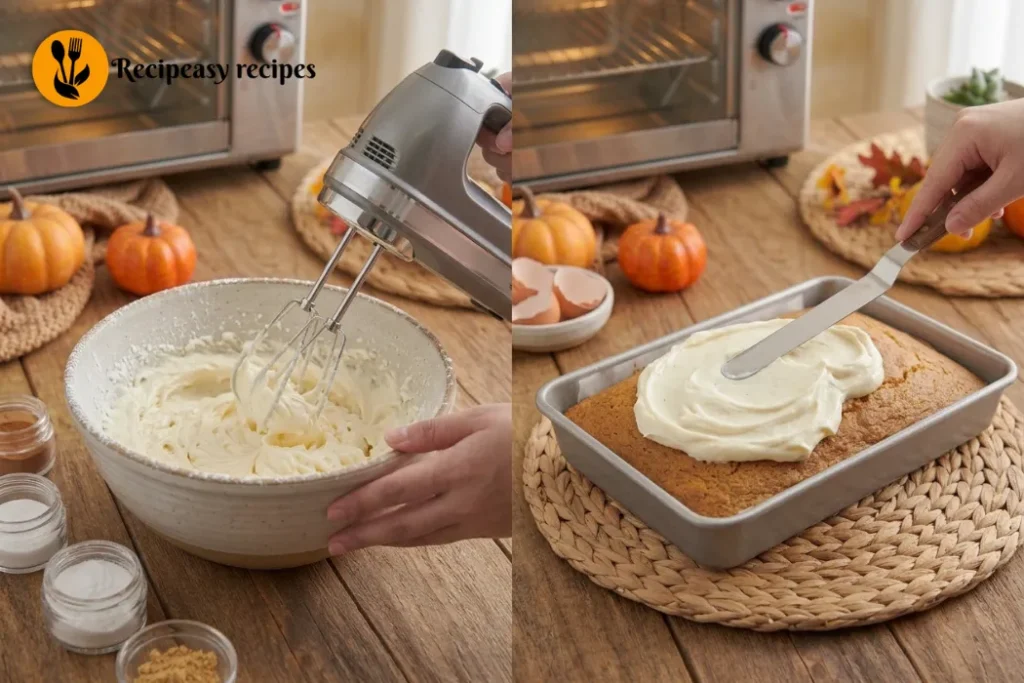 Pumpkin cake topped with smooth homemade cream cheese frosting, sliced and ready to serve as a moist, spiced fall dessert.