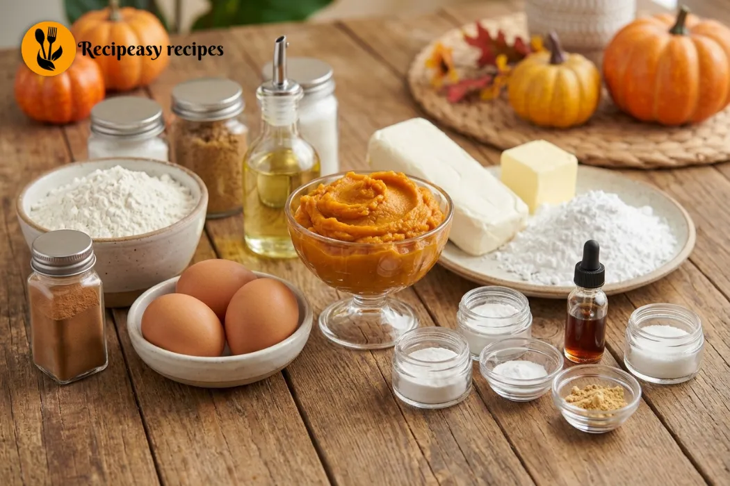 Ingredients for homemade pumpkin cake, including pumpkin puree, flour, cinnamon, ginger, cloves, eggs, sugar, oil, and cream cheese frosting ingredients.