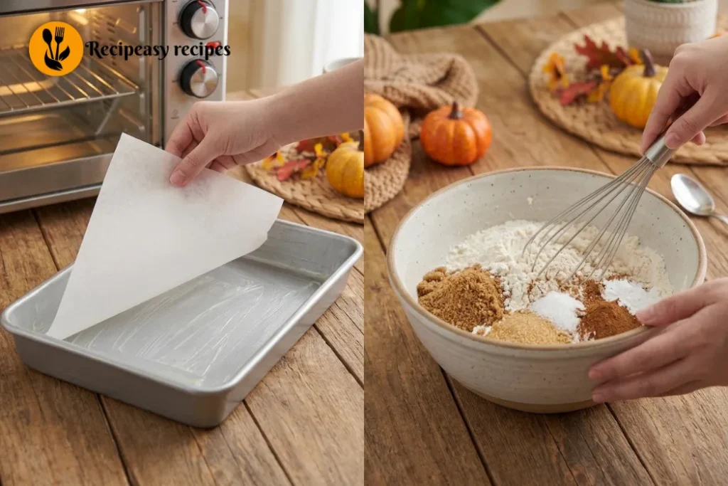 Preparing pumpkin cake by greasing a baking pan and whisking flour, baking powder, baking soda, salt, cinnamon, ginger, and cloves.
