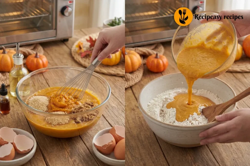 Mixing pumpkin cake batter by whisking pumpkin puree, sugars, oil, eggs, and vanilla, then gently combining the wet and dry ingredients.