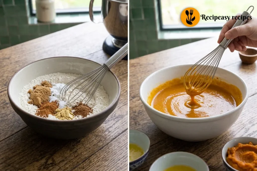 Preparing pumpkin pancake batter by mixing dry ingredients with cinnamon, ginger, and nutmeg, then whisking pumpkin puree, milk, egg, butter, and vanilla.