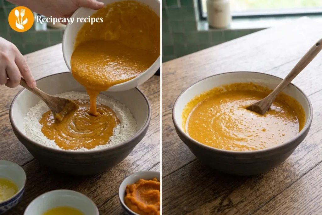 Pumpkin pancake batter gently mixed until smooth with small lumps remaining, then left to rest for 5 minutes for fluffy homemade pancakes.