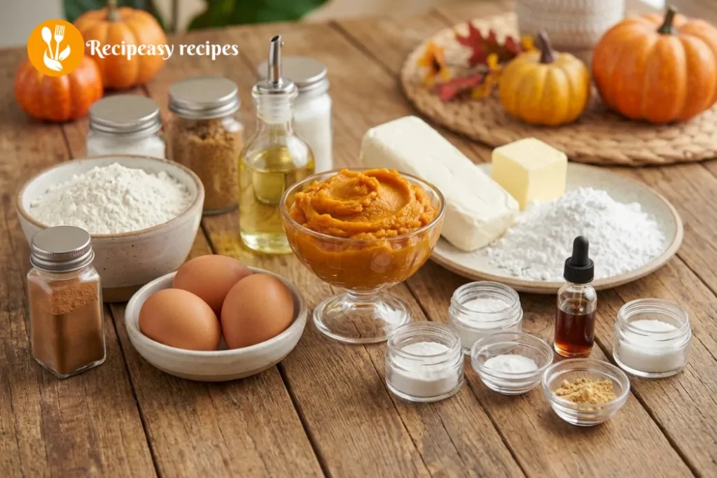 Ingredients for homemade pumpkin pancakes, including pumpkin puree, flour, cinnamon, ginger, nutmeg, milk, egg, butter, and vanilla extract.