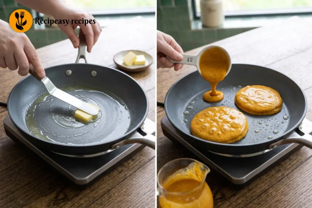 Pumpkin pancake batter cooking on a lightly greased skillet, with bubbles forming on top before flipping golden brown pancakes.