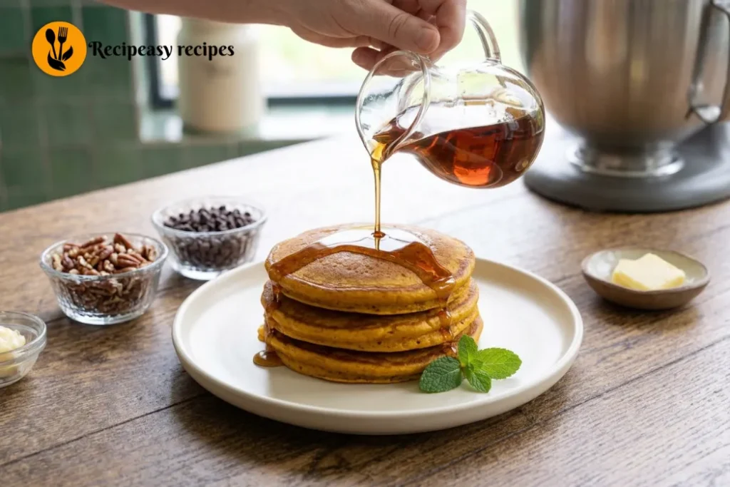 Stack of warm, fluffy pumpkin pancakes served with syrup and favorite toppings, showing golden-brown edges and a soft pumpkin-spiced center.