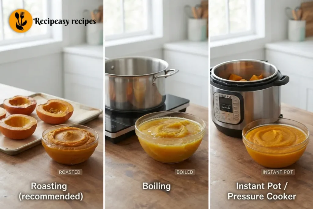 Pumpkin puree cooking methods compared, including roasted, boiled, and Instant Pot pumpkin for homemade puree
