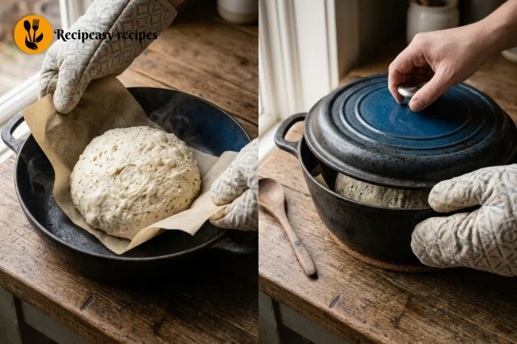 transferring dough into Dutch oven and baking covered
