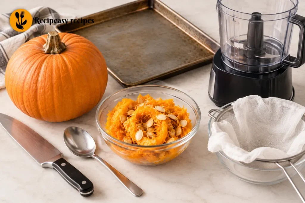 Sugar pumpkin and tools for making homemade roasted pumpkin puree, including a sharp knife, spoon, baking sheet, and blender