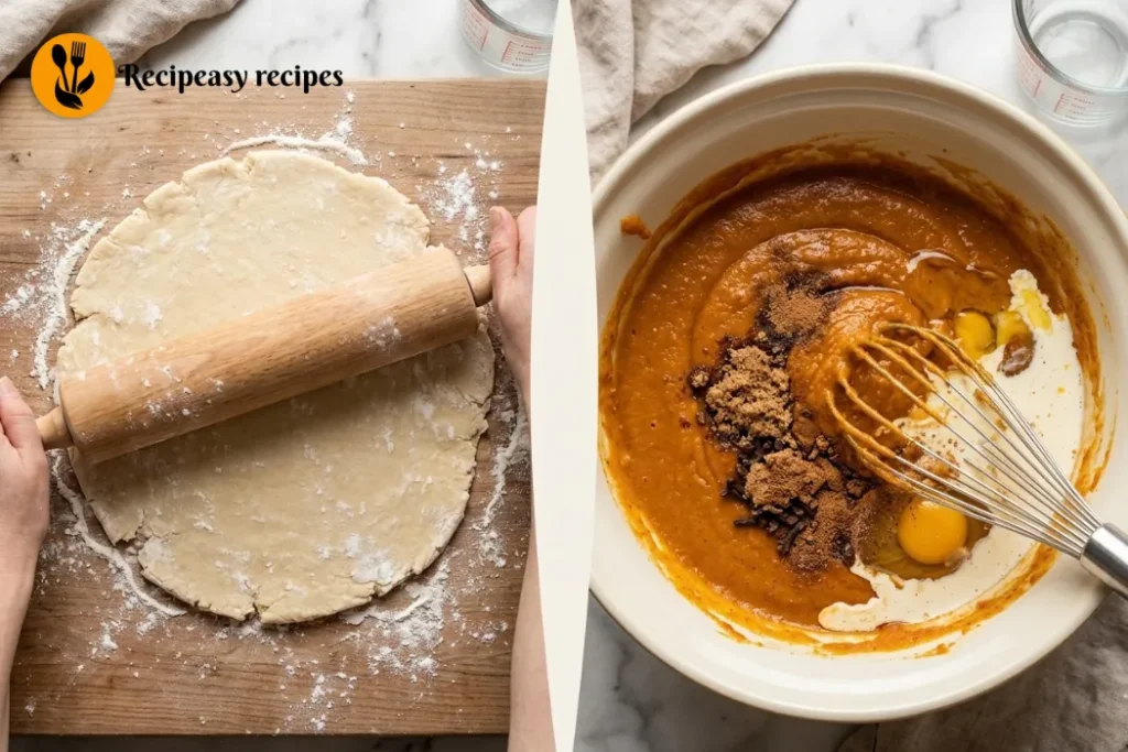 rolling out pie crust and mixing pumpkin pie filling