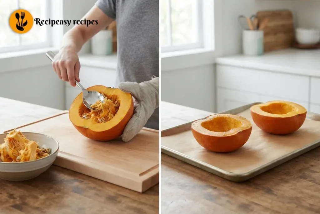 Sugar pumpkin halves placed cut-side down deseed & put on a parchment-lined baking sheet and roasted until tender for pumpkin puree