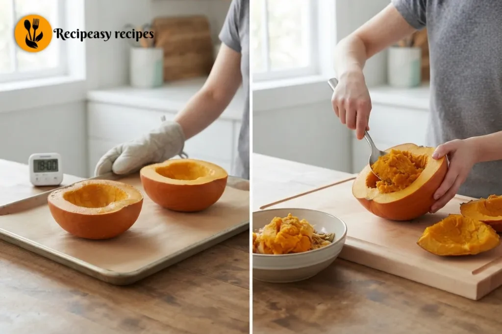 Soft roasted pumpkin flesh being scooped from the skin with a spoon to make homemade pumpkin puree