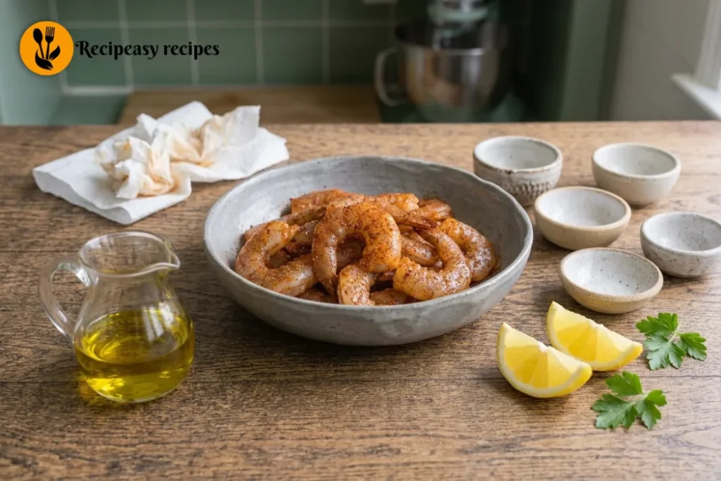 Large shrimp seasoned with olive oil, garlic powder, smoked paprika, onion powder, salt, pepper, and cayenne for air fryer shrimp