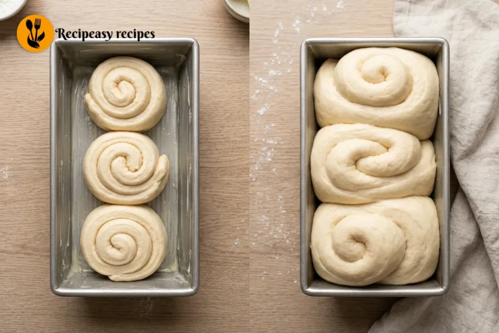 arranging dough logs in pan and second rise