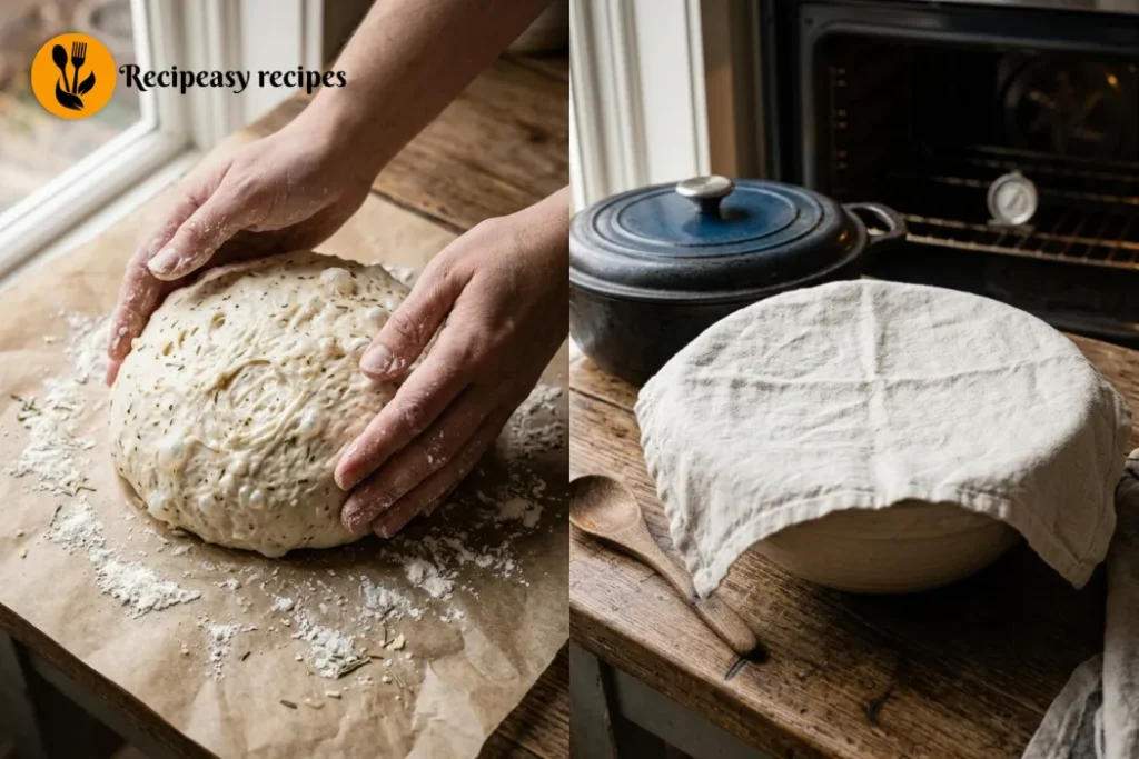 shaping no-knead dough and resting while Dutch oven preheats