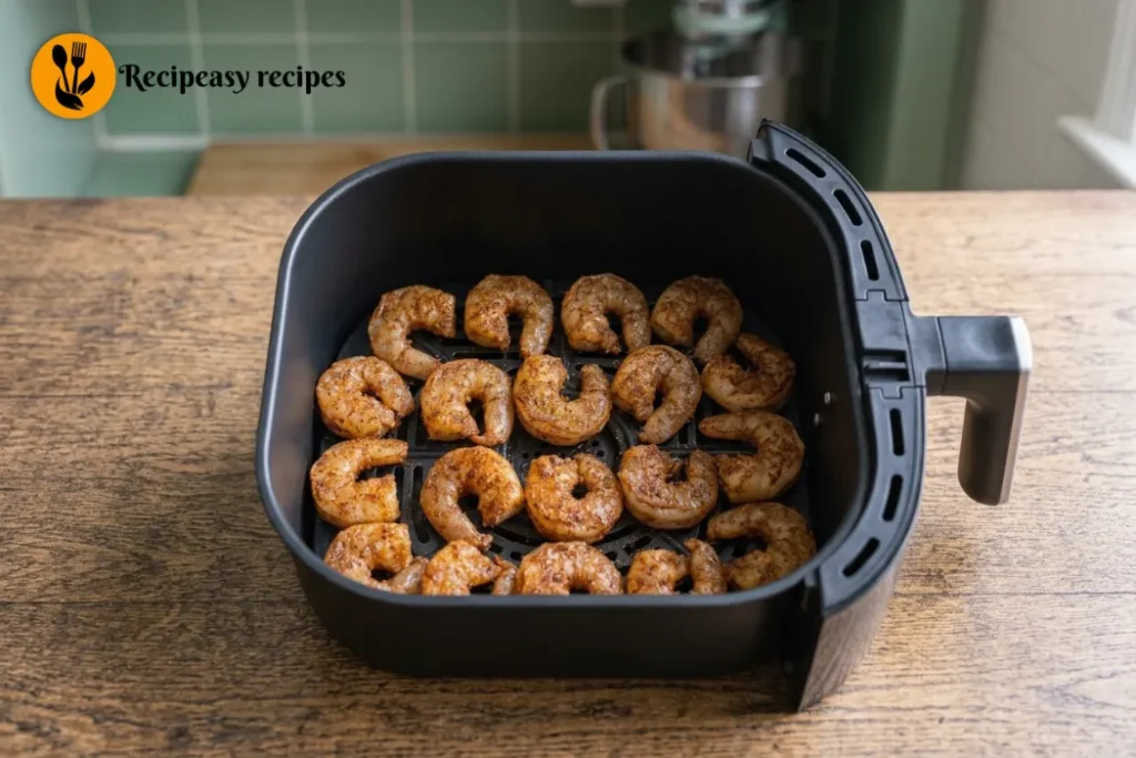 Seasoned shrimp arranged in a single layer in an air fryer basket for even cooking and crisp edges