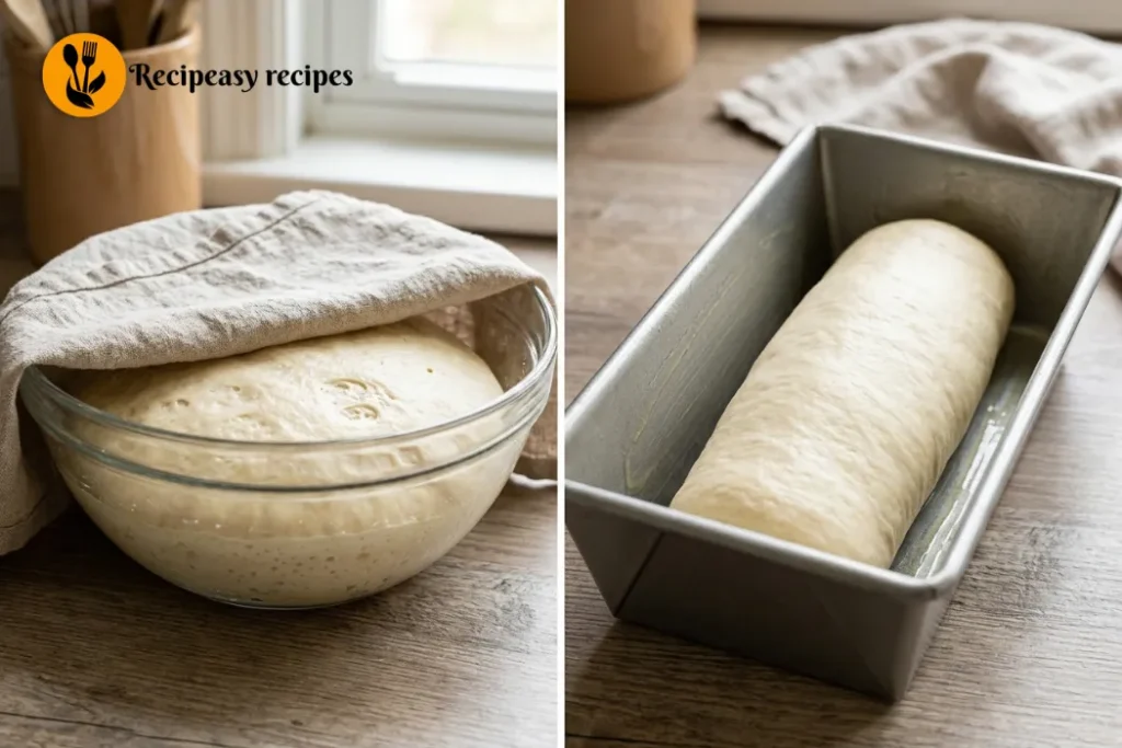 sourdough dough bulk rising and shaped into loaf pan