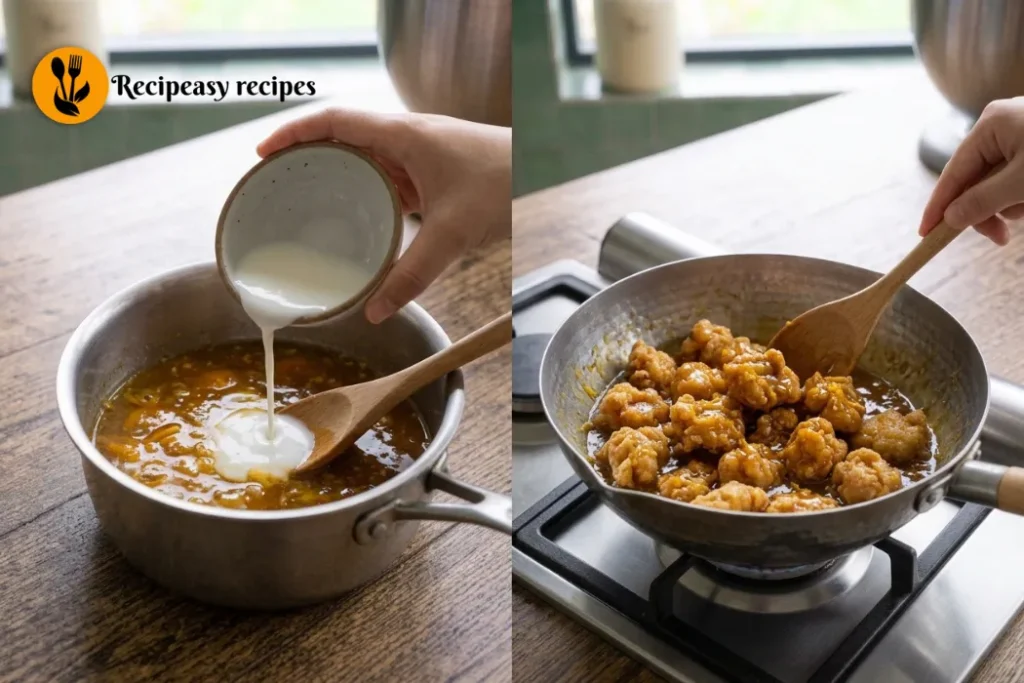 Homemade orange chicken sauce thickening with cornstarch in a saucepan